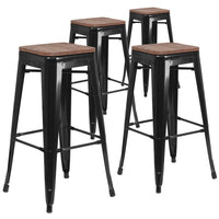 Flash Furniture 30" High Backless Black Metal Barstool with Square Wood Seat-Set of 4 Stackable Industrial Style Modern Stools