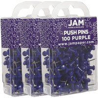 JAM Paper Push Pins, Purple Pushpins, 3 Packs of 100, 300 Pack (222419053g)-Purple