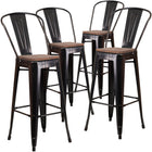 Flash Furniture 30" High Black-Antique Gold Metal Barstool with Back & Wood Seat-Set of 4 Bistro Style Bar Stools