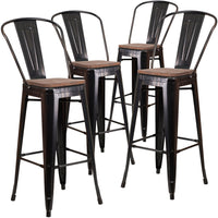 Flash Furniture 30" High Black-Antique Gold Metal Barstool with Back & Wood Seat-Set of 4 Bistro Style Bar Stools