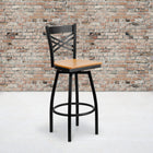 Flash Furniture Hercules Series Black "X" Back Swivel Metal Bar Stool, Natural Wood Seat, 2 Pack-Swivel Seat
