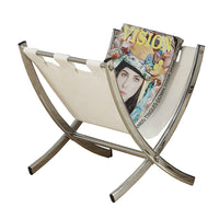 Monarch Specialties 2036 Magazine Rack - White Leather-Look/Chrome Metal-Fashion forward white leather-look and chrome magazine rack