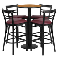 Flash Furniture 24'' Round Natural Laminate Table Set with Round Base and 4 Ladder Back Metal Bar Stools, Burgundy Vinyl Seat-Black Powder Coated Chair and Table Frame