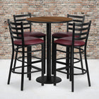 Flash Furniture 30" Round Walnut Laminate Table Set with Round Base & 4 Ladder Back Metal Barstools - Burgundy Vinyl Seat-Set Includes 4 Barstools, Round Table Top and Round Base