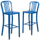 Flash Furniture Commercial Grade 30" High Blue Metal Indoor-Outdoor Barstool with Vertical Slat Back - 2 Pack-500 lb. Static Weight Capacity
