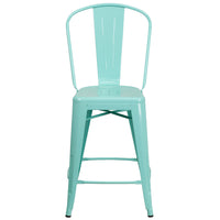 Flash Furniture 24" High Mint Green Metal Indoor-Outdoor Counter Height Stool with Back-Bistro Style Counter Stool