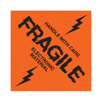 SPC Fragile Electronic Material Label - 3" x 3" - Black on Fluorescent Red - 500 Pack-Label Description "Fragile Electronic Material"