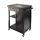 Winsome Timber Kitchen Cart with Wainscot panel, Black-Timber Kitchen Cart with wainscot panel finished in black compliments your kitchen.  Top surface working area is 25.67" W. x 19.37" D.  One large drawer with inside dimensions of 2.75" H. x 20.71" W. x 13.50" D.  One side has open storage and an adjustable shelf.  The other bottom half has a closed cabinet with one adjustable shelf.  Inside cabinet dimensions 22.24" H. x 10.51" W. x 15.67" D. (without shelf).  Made with solid and composite wood.  Ready 