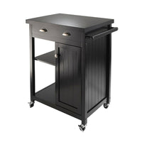 Winsome Timber Kitchen Cart with Wainscot panel, Black-Timber Kitchen Cart with wainscot panel finished in black compliments your kitchen.  Top surface working area is 25.67" W. x 19.37" D.  One large drawer with inside dimensions of 2.75" H. x 20.71" W. x 13.50" D.  One side has open storage and an adjustable shelf.  The other bottom half has a closed cabinet with one adjustable shelf.  Inside cabinet dimensions 22.24" H. x 10.51" W. x 15.67" D. (without shelf).  Made with solid and composite wood.  Ready 