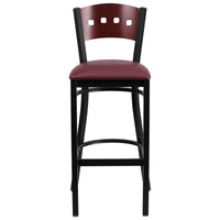 Flash Furniture HERCULES Black 4 Square Back Metal Restaurant Barstool - Mahogany Wood Back & Burgundy Vinyl Seat - 2 Pack-Set of 2 Metal Dining Bar Stools