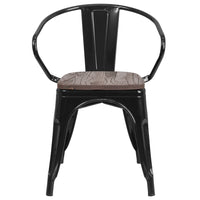Flash Furniture Black Metal Chair with Wood Seat & Arms-Set of 4 Stackable Bistro Style Chairs