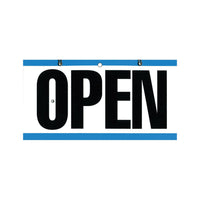 COSCO Reversible Open and Closed with Clock and Hanging Chain Business Sign - Blue and White with Black Text - 6" W x 11.5" L-OPEN/CLOSED