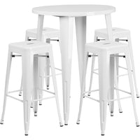 30'' Round White Metal Indoor-Outdoor Bar Table Set with 4 Square Seat Backless Barstools (CH-51090BH-4-30SQST-WH-GG)-Indoor Outdoor Sets