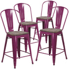 Flash Furniture 24" High Purple Metal Counter Height Stool with Back & Wood Seat-Set of 4 Bistro Style Counter Stools