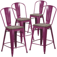 Flash Furniture 24" High Purple Metal Counter Height Stool with Back & Wood Seat-Set of 4 Bistro Style Counter Stools