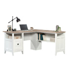 Sauder 59"W August Hill L-Desk - Soft White- Grommet holes and pass-throughs for cord management