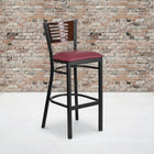 Flash Furniture HERCULES Series Black Slat Back Metal Restaurant Barstool - Walnut Wood Back & Burgundy Vinyl Seat - 2 Pack-Welded Joint Assembly