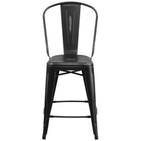 Flash Furniture Commercial Grade 24" High Distressed Black Metal Indoor-Outdoor Counter Height Stool with Back-Set of 4 Bistro Style Counter Stools