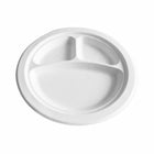 Globe Commercial Products 10" Round Fibre Bagasse Compostable Plate - 3 Compartment - 500 Pack-Diameter: 10"