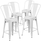 Flash Furniture Commercial Grade 24" High Metal Indoor-Outdoor Counter Height Stool with Back - White-Curved Back with Vertical Slat