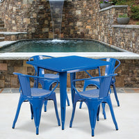 Flash Furniture 31.5'' Square Blue Metal Indoor-Outdoor Table Set with 4 Arm Chairs (ET-CT002-4-70-BL-GG)-Galvanized Steel, Metal, Rubber