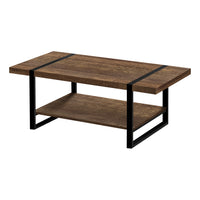 Monarch Specialties 2850 Coffee Table - Brown Reclaimed Wood-Look/Black Metal-Thick, wide tabletop and smaller lower shelf in a brown reclaimed wood-look finish for a rustic appeal