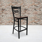 Flash Furniture HERCULES Series Black "X" Back Metal Restaurant Barstool - Mahogany Wood Seat - 2 Pack-Welded Joint Assembly