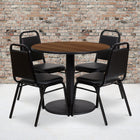 Flash Furniture 36" Round Walnut Laminate Table Set with Round Base & 4 Black Trapezoidal Back Banquet Chairs-Set Includes 4 Banquet Chairs, Round Table Top and Round Base