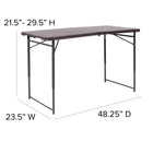 Flash Furniture 23.5"W x 48.25"L Height Adjustable Bi-Fold Brown Wood Grain Plastic Folding Table with Carrying Handle-Folds in half for storage and travel
