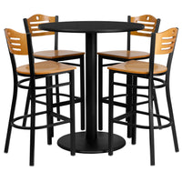 Flash Furniture 36'' Round Black Laminate Table Set with Round Base and 4 Wood Slat Back Metal Bar Stools, Natural Wood Seat-Black Powder Coated Chair and Table Frame