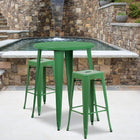 30'' Round Green Metal Indoor-Outdoor Bar Table Set with 2 Square Seat Backless Barstools (CH-51090BH-2-30SQST-GN-GG)-30"W x 30"D x 41"H