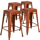 Tabouret à hauteur de comptoir pour l'intérieur et l'extérieur de 24 po haut. en métal orange vieilli sans dossier-Ensemble de 4 tabourets modernes empilables de style industriel