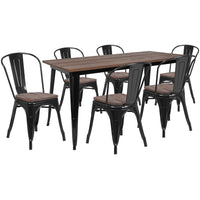 Flash Furniture 30.25" x 60" Black Wood Top Metal Table Set and 6 Stack Chairs-Black/Galvanized Steel, Metal, Plastic, Rubber, Wood