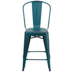 Flash Furniture Commercial Grade 24" High Distressed Kelly Blue-Teal Metal Indoor-Outdoor Counter Height Stool with Back-Set of 4 Bistro Style Counter Stools