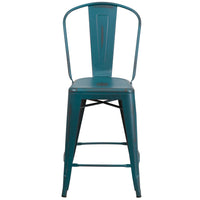 Flash Furniture Commercial Grade 24" High Distressed Kelly Blue-Teal Metal Indoor-Outdoor Counter Height Stool with Back-Set of 4 Bistro Style Counter Stools