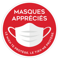 Eddie's Vinyl "Masques appréciés" Social Distancing Decal - Red/White - 7.5" Diameter - French - 4 Pack-Messaging: Masques appréciés. Le mien te protège, le tien me protège.