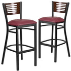 Flash Furniture HERCULES Series Black Slat Back Metal Restaurant Barstool - Walnut Wood Back & Burgundy Vinyl Seat - 2 Pack-Walnut Wood Slat Back Design