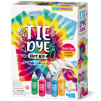 4M Kidzmaker Tie-Dye Art Making Kit-It includes 4 bottles of dye (in powder form, just add water!), 1 pair of gloves (latex-free), 20 rubber bands, 1 drainage tray (size: 9.25” W x 5.5” L), and detailed instructions