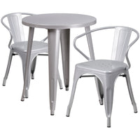 24'' Round Silver Metal Indoor-Outdoor Table Set with 2 Arm Chairs (CH-51080TH-2-18ARM-SIL-GG)-Indoor Outdoor Sets