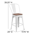 Flash Furniture 24" High Metal Counter Height Stool with Back & Wood Seat - White-Floor Protector Plastic Glides