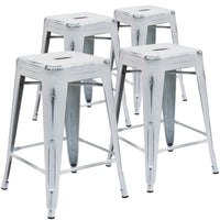Flash Furniture Commercial Grade 24" High Backless Distressed Metal Indoor-Outdoor Counter Height Stool - White-Set of 4 Stackable Industrial Style Modern Stools