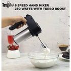 Total Chef 6-Speed Hand Mixer - Black and Stainless Steel-Sleek black and stainless steel self-stand design with accessory storage bracket keeps attachments together while ergonomic handle provides a secure grip for perfect control