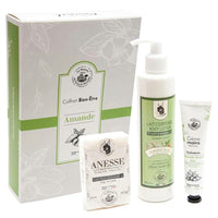 La Maison du Savon de Marseille Almond Hand and Body Care Gift Box-The gift box contains a 30ml travel sweet almond hand cream, sweet almond body milk with donkey milk and sweet almond donkey milk soap