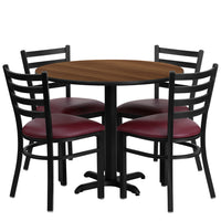 Flash Furniture 36" Round Walnut Laminate Table Set with X-Base & 4 Ladder Back Metal Chairs - Burgundy Vinyl Seat-Table and Chair Set