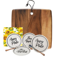 Dolce & Gourmando Cheese Board Gift Set-Comes with an Acacia wood board (12" x 12"), four appetizer plates (2 x “Bonne Appetit”,  2 x “Appy Plate”), a seasonal cocktail napkin and an appetizer spoon and fork