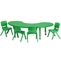 Flash Furniture 35"W x 65"L Half-Moon Green Plastic Height Adjustable Activity Table Set with 4 Chairs-Multipurpose Kids Table Set