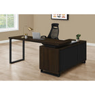 Monarch Specialties 7710 72" Computer Desk - Espresso/Black Executive Corner-Desktop is divided into 2 segments: a large, main worksurface and a smaller, lower surface on top of the shelving unit
