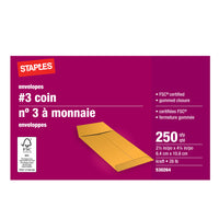 Staples #3 Kraft Coin Envelopes with Gummed Flaps - 2-1/2" x 4-1/4" - Brown - 250 Pack-Currency envelope keeps your small items from getting lost or damaged
