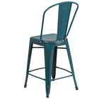 Flash Furniture Commercial Grade 24" High Distressed Kelly Blue-Teal Metal Indoor-Outdoor Counter Height Stool with Back-Distressed Kelly Blue Powder Coated Frame Finish