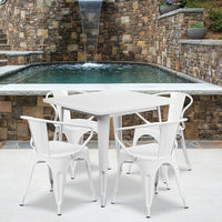 Flash Furniture 31.5'' Square White Metal Indoor-Outdoor Table Set with 4 Arm Chairs (ET-CT002-4-70-WH-GG)-Galvanized Steel, Metal, Rubber